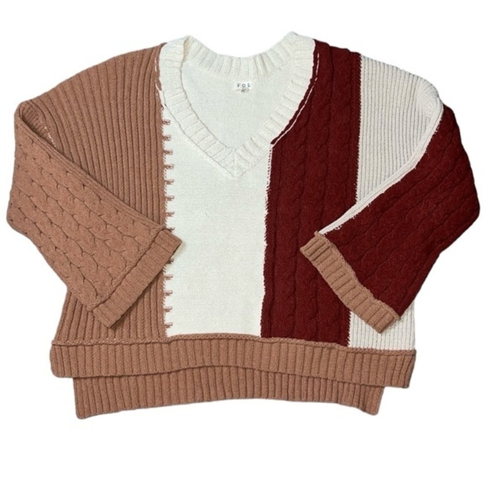 POL Chenille Color Block Pullover Sweater Rust Ivory Medium Western Oversized